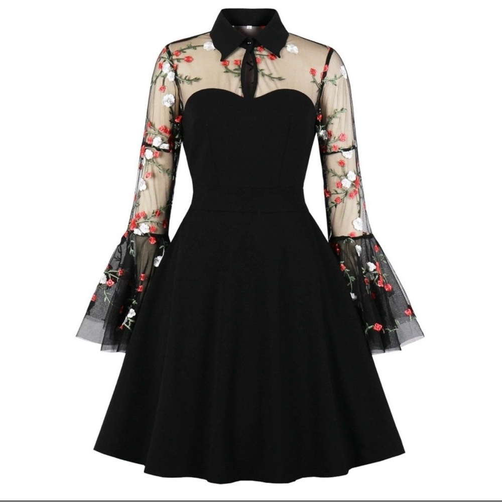 Vintage Swing Party Cocktail Embroidered Dress, Keyhole mesh, long bell sleeves